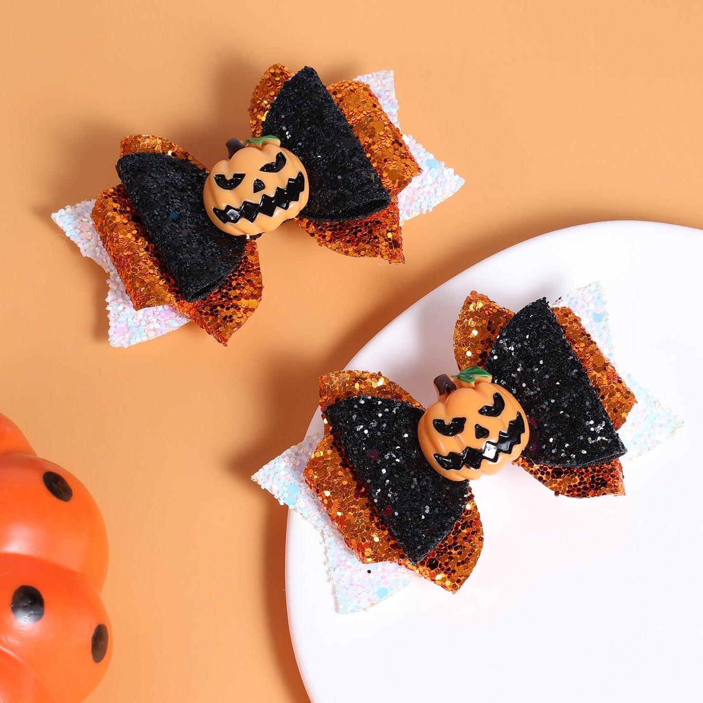 Halloween Pumpkin Hair Bow Clips Girls Cute Glitter Hair Clips 3 Layers Sparkly Hair Accessories for Halloween Party, White & Orange & Black