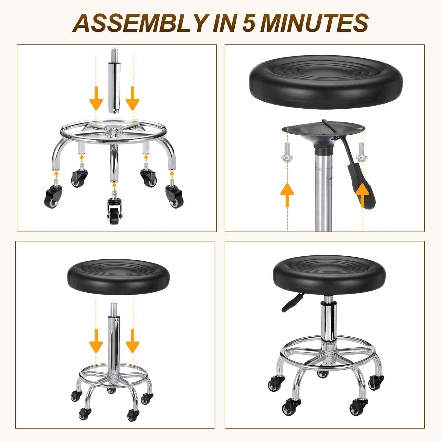 PATIKIL Adjustable Height Rolling Stool with Wheels, PU Leather Round Rolling Desk Stool for Tattoo Massage Salon Spa Salon Teach Facial Office, Black