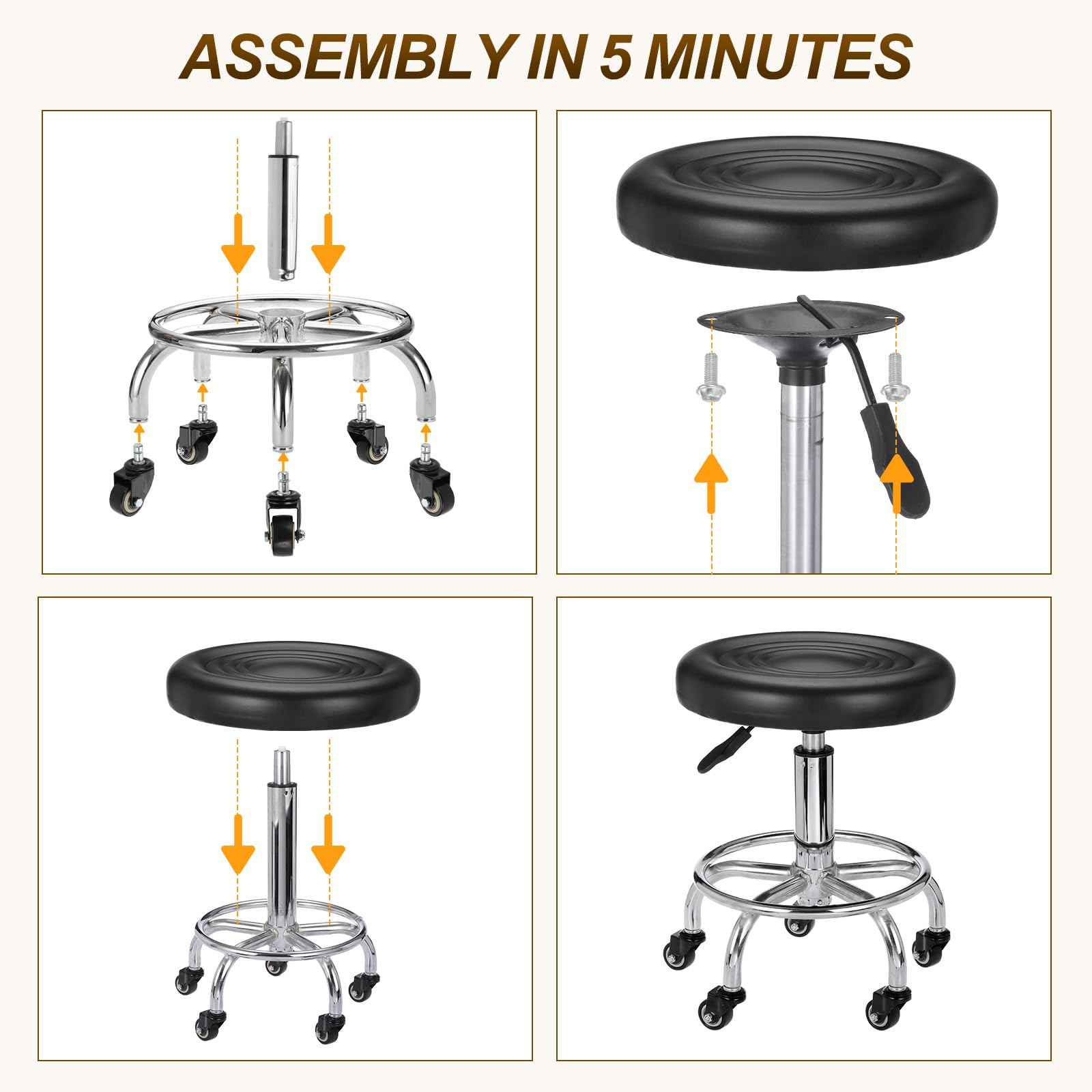 PATIKIL Adjustable Height Rolling Stool with Wheels, PU Leather Round Rolling Desk Stool for Tattoo Massage Salon Spa Salon Teach Facial Office, Black