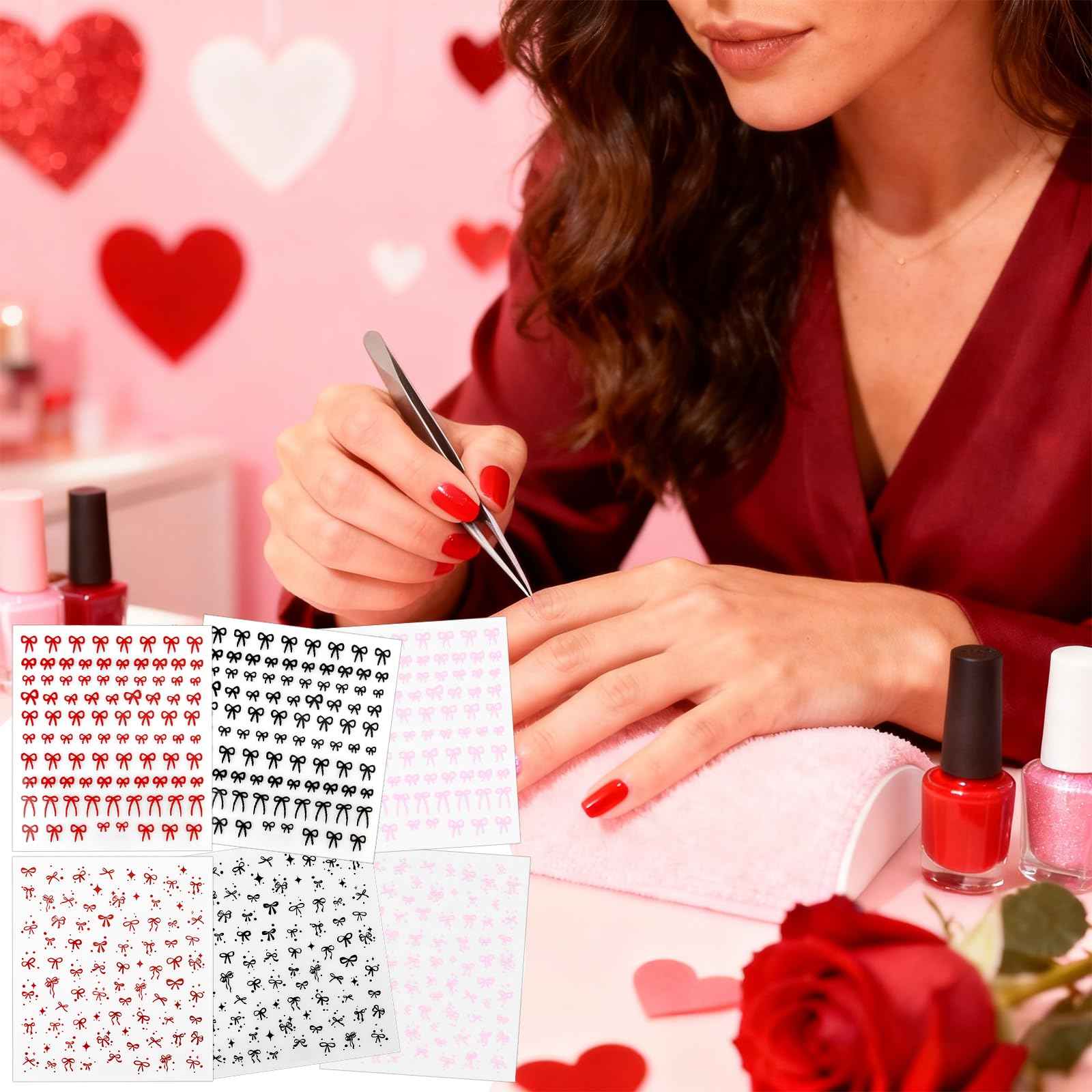 Allstarry Bow Nail Stickers, 6 Sheets Bow Stickers for Nails, Self-Adhesive Glossy Pink Red Black Cute Nail Decals for Women Girl Gift Christmas Valentine’s Day Accessories Decoration