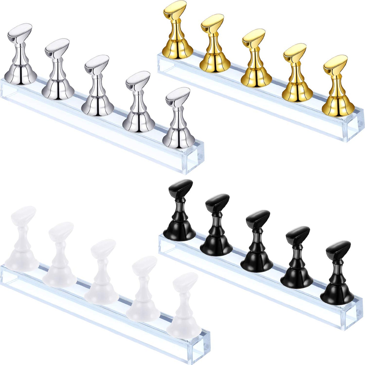 4 Sets Acrylic Nail Display Stand Tip Holder Magnetic Nail Practice Stand Fingernail DIY Nail Art Stand for False Tip Manicure Tool (Gold, Silver, Black, White)