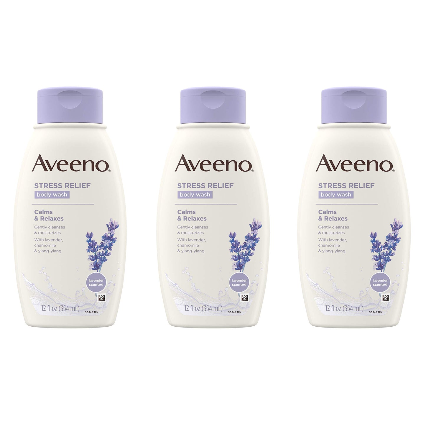 Aveeno Stress Relief Body Wash with Soothing Oat, Lavender, Chamomile & Ylang-Ylang Essential Oils, Hypoallergenic, Dye-Free & Soap-Free Calming Body Wash, 12 fl. Oz (Pack of 3)