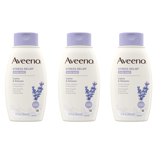 Aveeno Stress Relief Body Wash with Soothing Oat, Lavender, Chamomile & Ylang-Ylang Essential Oils, Hypoallergenic, Dye-Free & Soap-Free Calming Body Wash, 12 fl. Oz (Pack of 3)