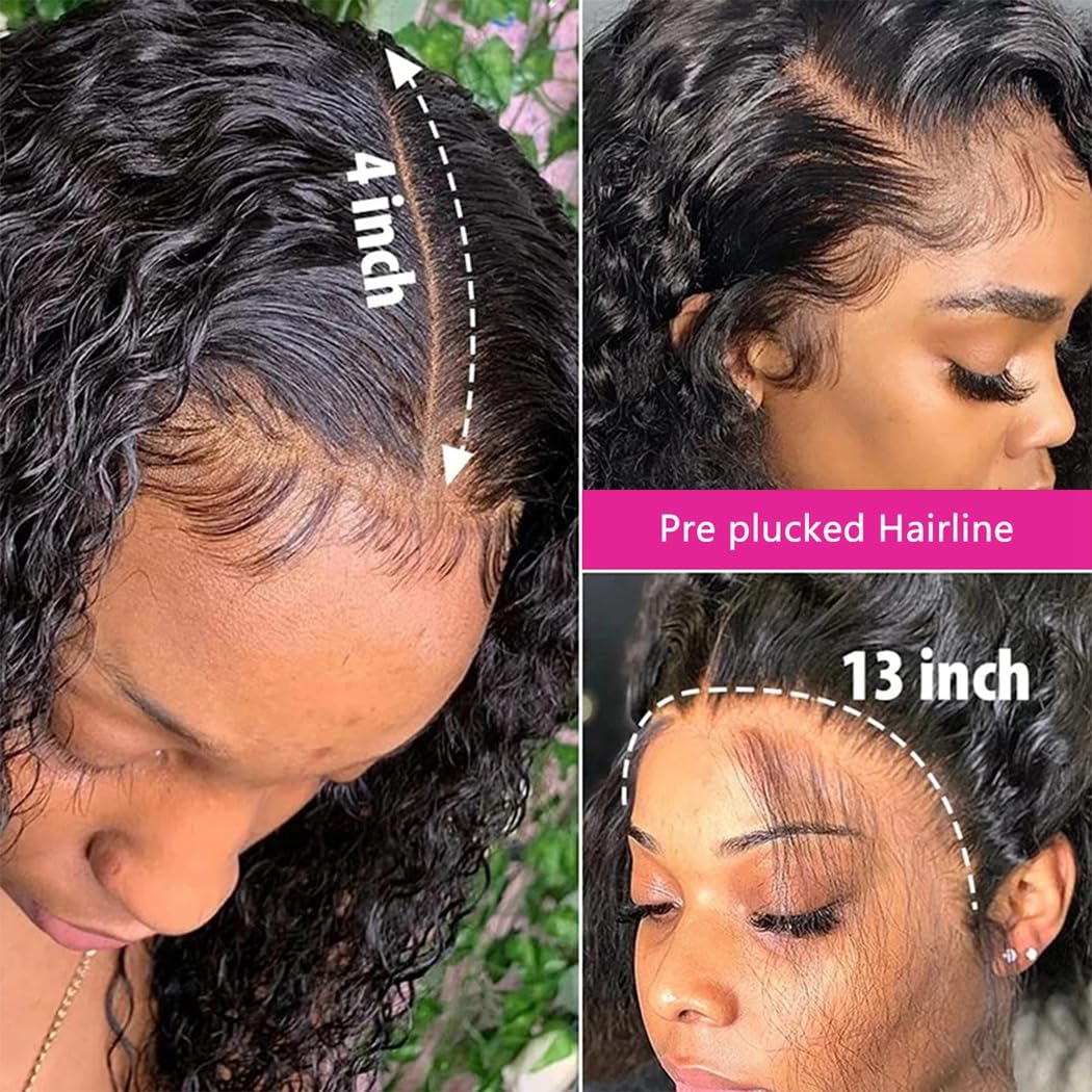 Odir 13x4 Lace Frontal Deep Wave Human Hair 180% Density Unprocessed 9A Deep Curly Virgin Hair 13x4 Ear to Ear Lace Closure Frontal with Baby Hair Natural Color 16 Inch