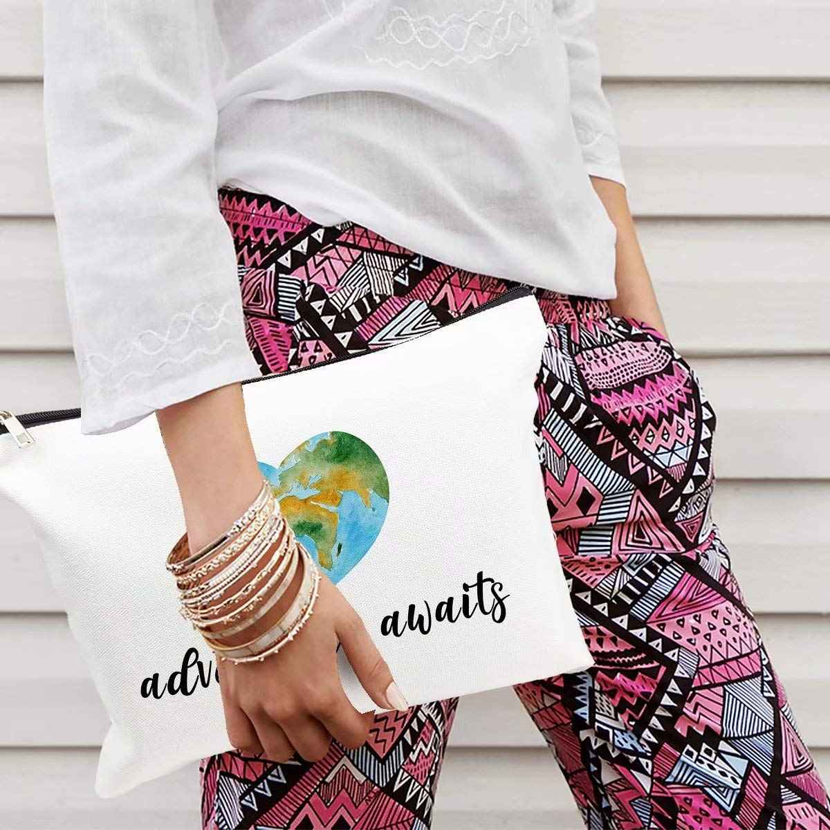 Cokosoxo Travel Bag Adventure Awaits Cosmetic Bag Nature Linen Cotton World Map Makeup Case Great Gift for Women Friends Bestie Daughter Graduation Friendship Birthday Gifts,10x7.5 Inch