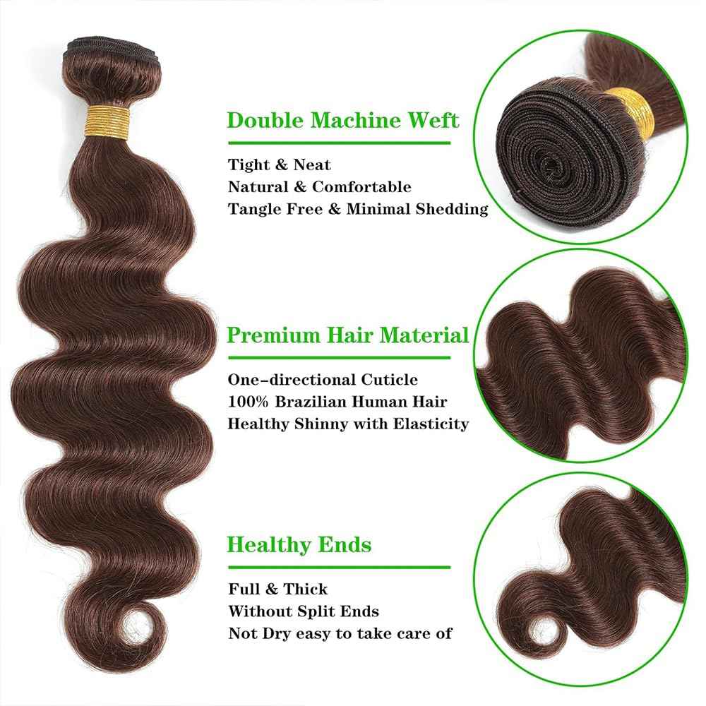 Color 4 Bundles Human Hair Dark Brown Body Wave Bundles Double Weft Brazilian Virgin Chocolate Brown Human Hair Extensions Silky and Soft for Black Women (10 12 14 inch 3 Bundles)