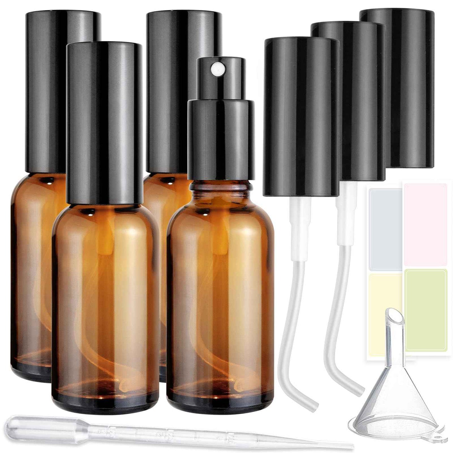 4-Pack 1oz/30ml Amber Glass Spray Bottles for Fine Mist | with 2 Extra Nozzles, Refillable Essential Oil, Toner, Hair Care & Cleaning Solutions Bottles Set | Leak-Proof, UV Protection