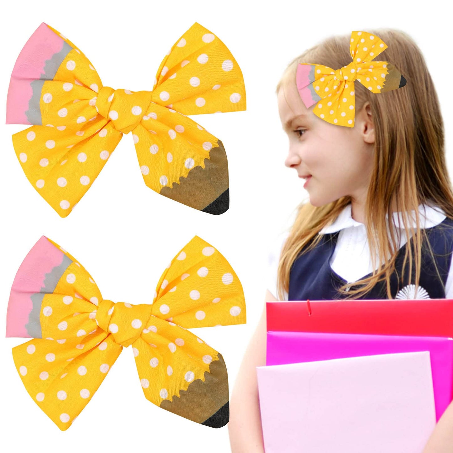 2PCS Back to School Pencil Cheer Hair Bows, Oaoleer Linen Yellow Pencil Hair Bows Clips for Girls Toddler Kids Kindergarten 1st 2nd 3rd 4th 5th Grade (Type A)