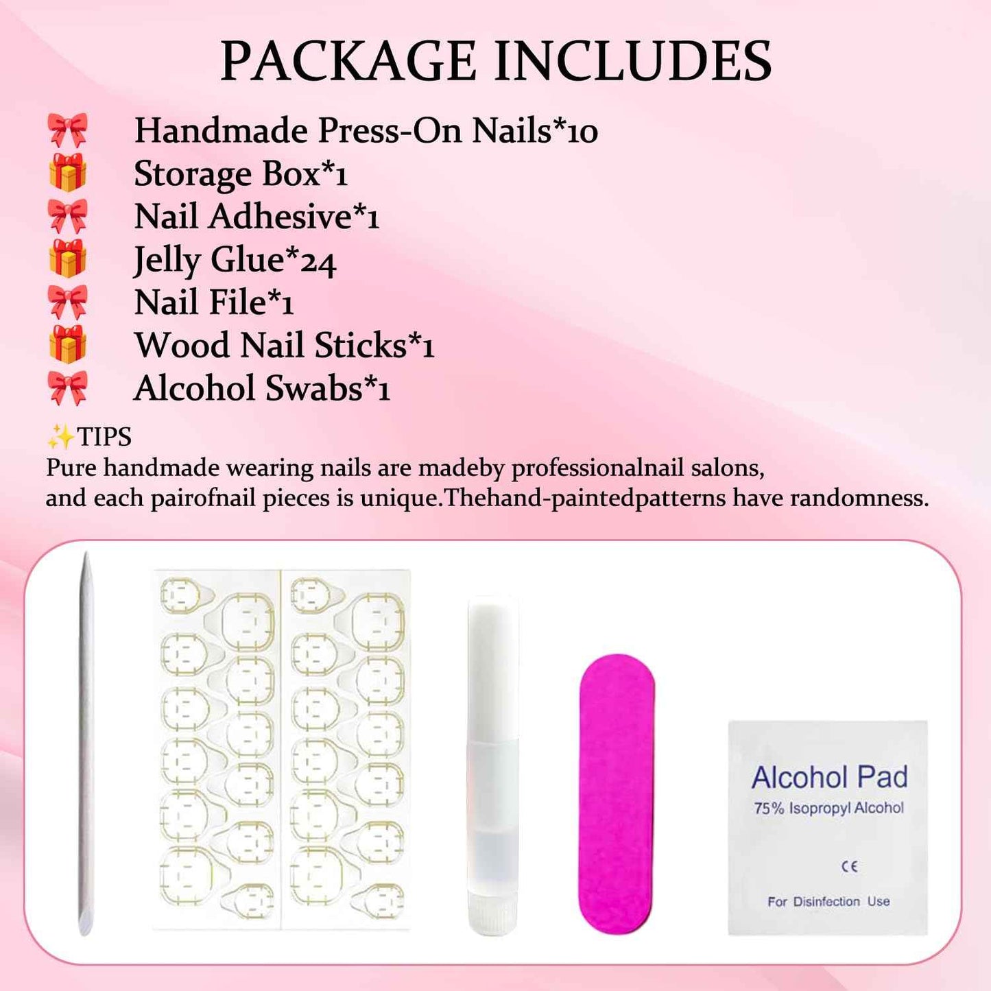 10 Pcs Duck Press on Nails Medium Fake Nails Sea Waves Pink French Tip Handmade False Nails with Glue, with 3D Golden Heart Design Artificial Acrylic Stick on Nails for Women（M）