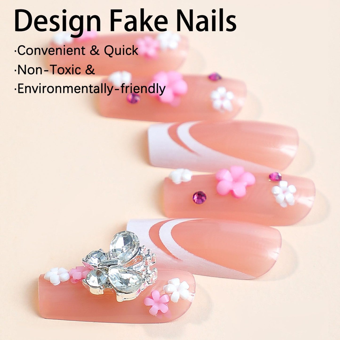 Square Press on Nails Medium Long White French Tip Fake Nails Press ons Bling 3D Butterfly Flower Rhinestone False Nail Tips Glossy Artificial Glue on Nails for Women and Girls Manicure 24 Pcs