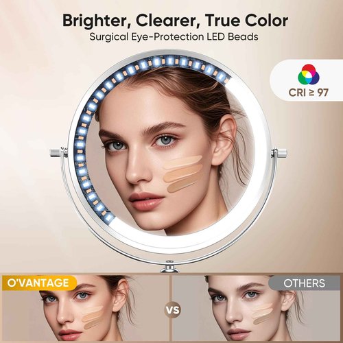 8.7" Double Sided Vanity Mirror with Lights, Height & Brightness Adjustable, Rechargeable 4000mAh Lighted Makeup Mirror with 1X/10X HD Magnifying,88 High-CRI LEDs, 3 Color Dimmable Lights, 360° Swivel