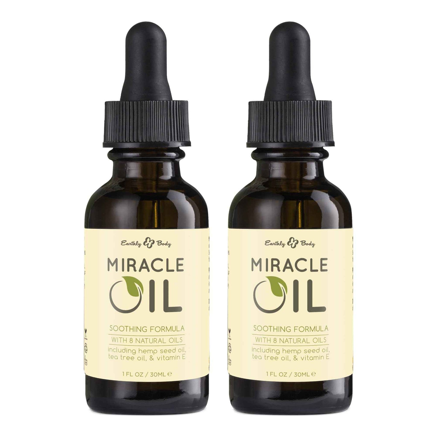 Earthly Body Miracle Oil, 1 fl. oz. - 2 Pack - 100% Natural Tea Tree Oil, Hemp Seed Oil & Vitamin E - Moisturizer, Calms Skin Irritations, Helps Smooth Wrinkles - Gluten Free, 100% Vegan