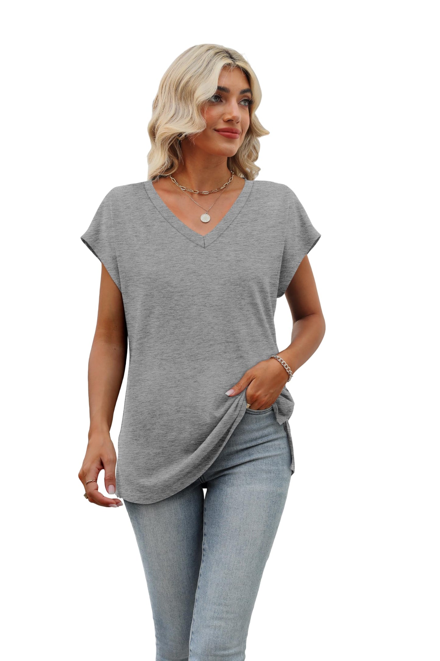 Womens Short Sleeve 2024 Summer Tops Trendy Tunics Or Tops to Wear with Leggings Loose Fit Shirts Grey S