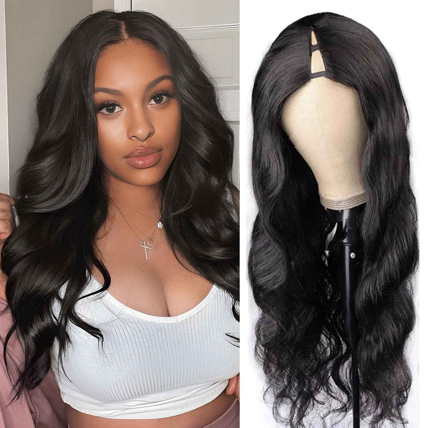 BDBDBD V Part Wig Human Hair Body Wave 180% Density Remy Human Hair No Leave Out No Glue Upgrade U Part Human Hair Wig Glueless Beginner Friendly Natural Blcak (16 inch)