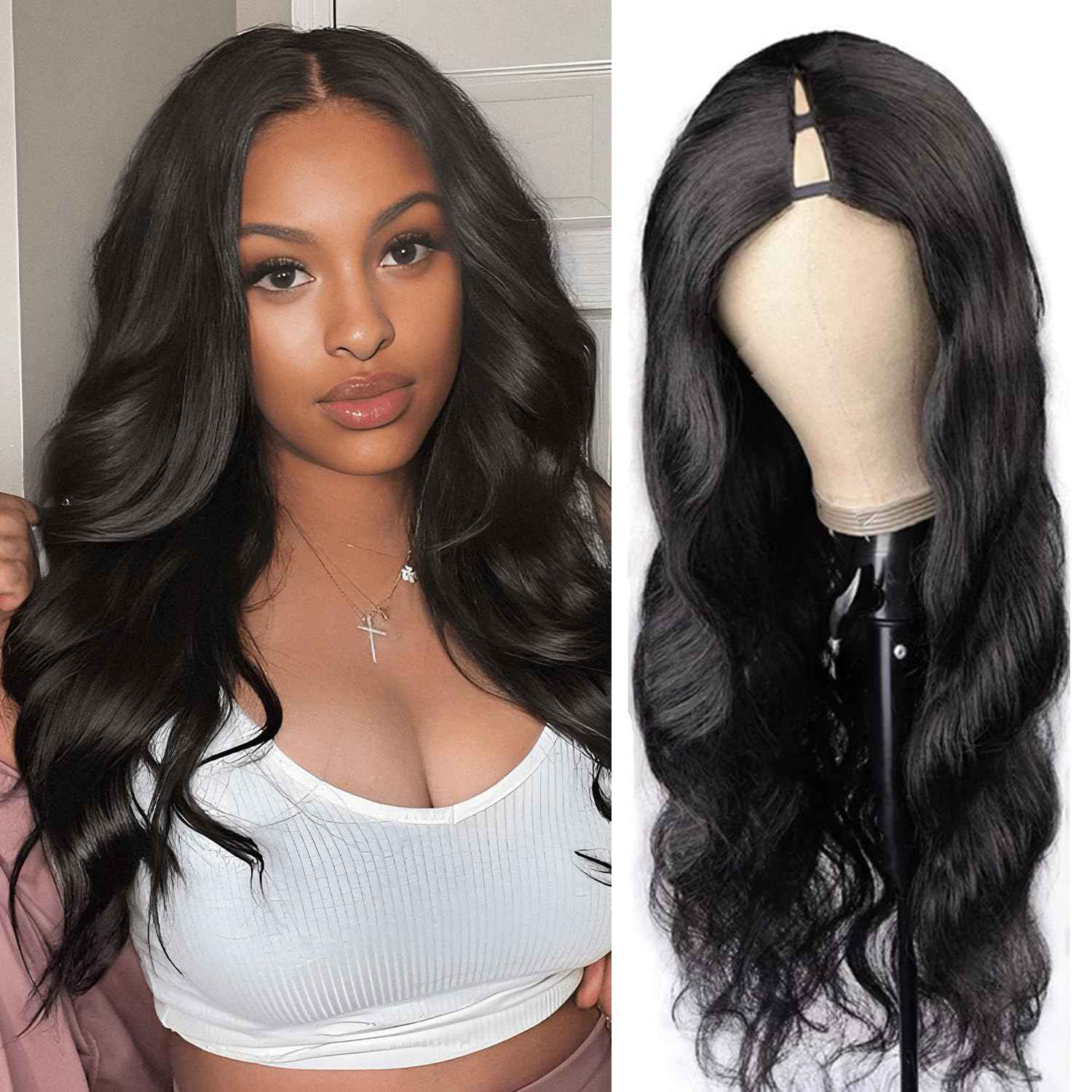 BDBDBD V Part Wig Human Hair Body Wave 180% Density Remy Human Hair No Leave Out No Glue Upgrade U Part Human Hair Wig Glueless Beginner Friendly Natural Blcak (16 inch)