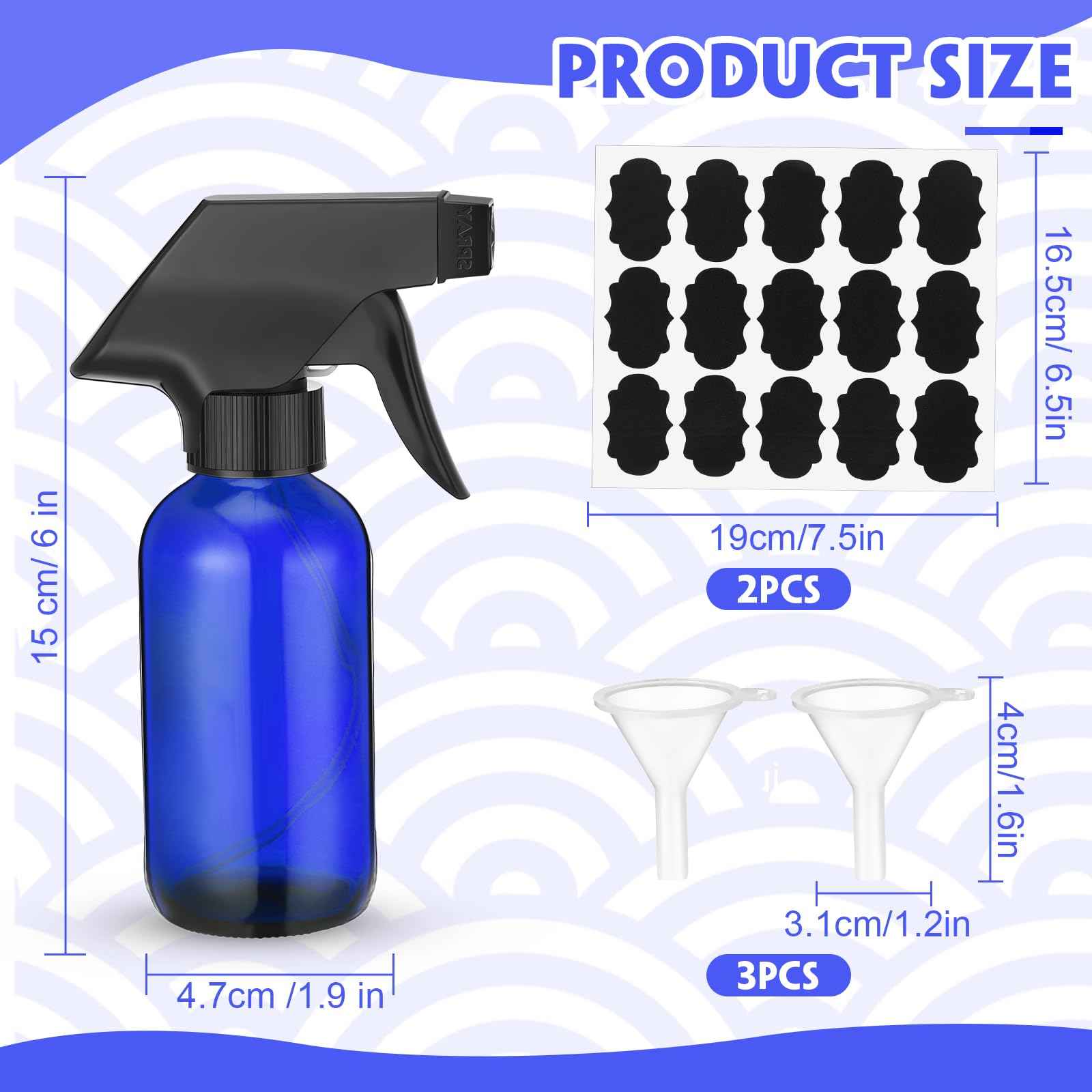 Fumete 20 Pcs 4 oz Glass Spray Bottles Empty Refillable Sprayer Containers with Funnels Labels Black Trigger Sprayers Spray Bottles for Essential Oil DIY Kitchen Hair Plants(Blue)