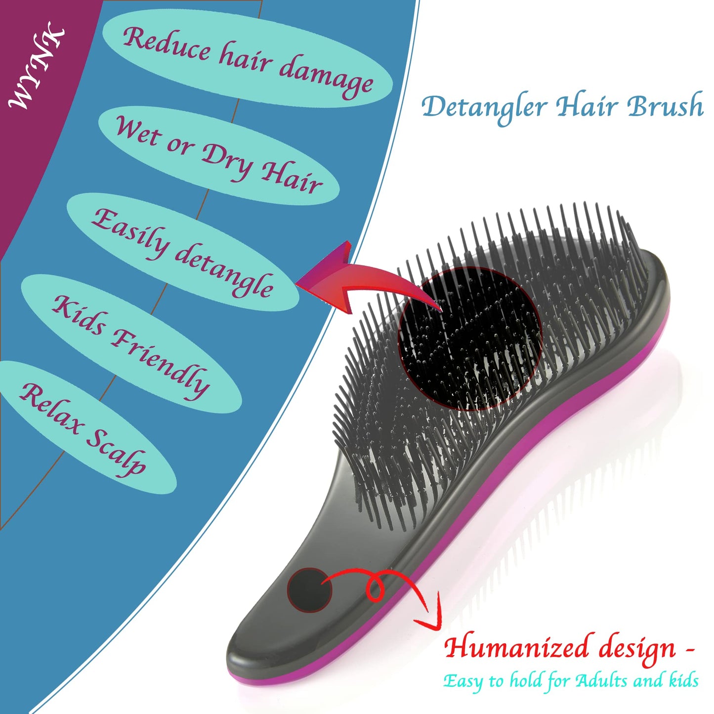 WYNK Detangler Brush - 2-Piece Value Set - Wet Detangling Hair Brush,Professional No Pain Detangler for Women,Men,Kids (2 Pack, Green&Pink)