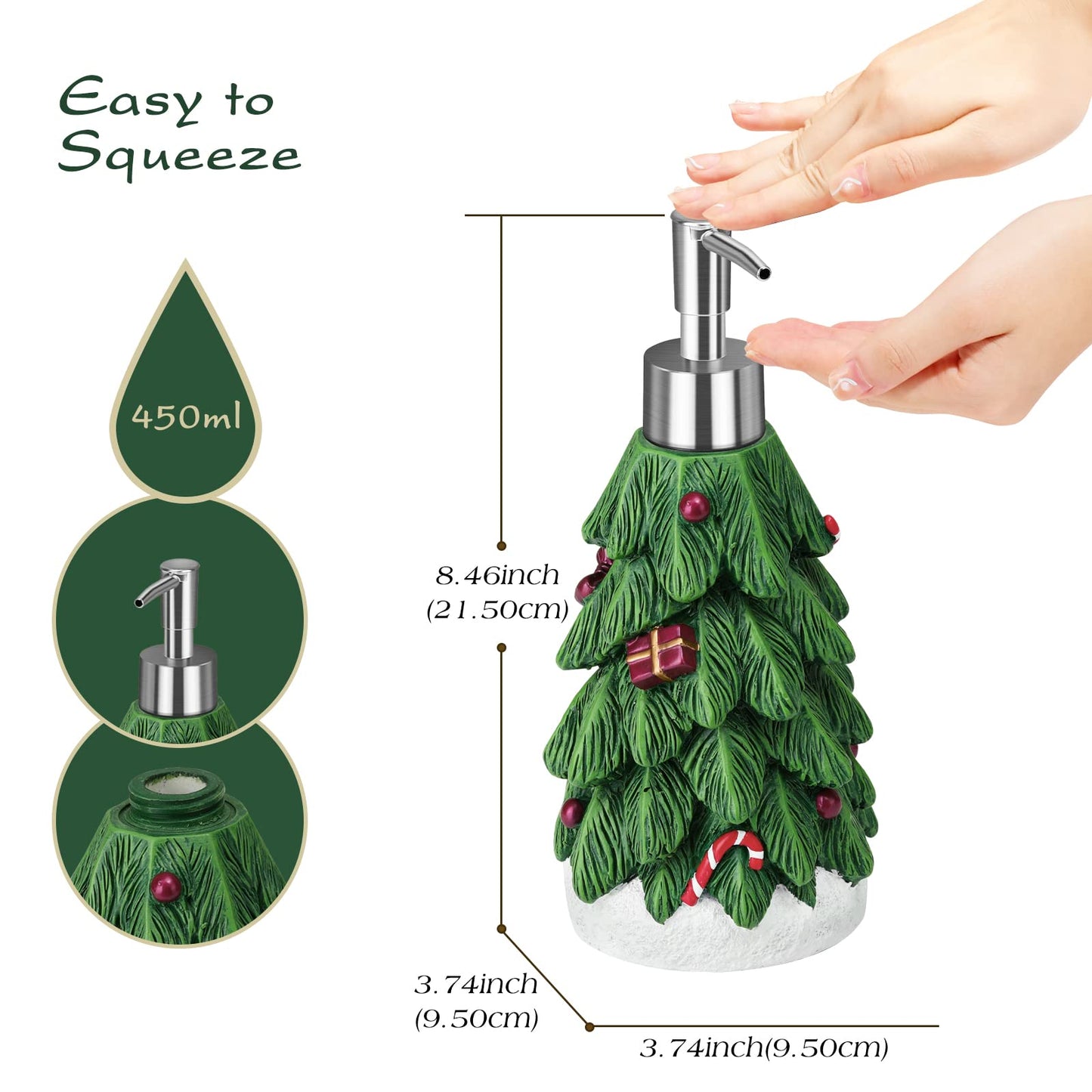 Shinowa Christmas Liquid Hand Soap Dispenser, Christmas Tree Shaped Resin Lotion Dispenser Bottle, Decorative refillable Pump Bottle for Bathroom Vanity Kitchen Countertop, Green