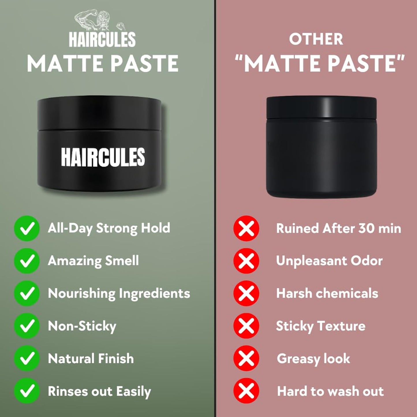 Haircules Matte Hair Paste - Strong Hold, No Shine, Long-Lasting Definition & Texture, Non-Greasy Styling Clay for Men, No Flakes, Works on All Hair Types, Keeps your Hair Healthy