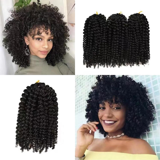 Marlybob Crochet Hair 8 Inch Passion Twist Hair Afro Kinky-Curly Crochet Hair Curly Crochet Hair For Black Women Curly Braiding Hair Crochet Hair Braids（8 Inch 3 Bundles, 1B/Gray）