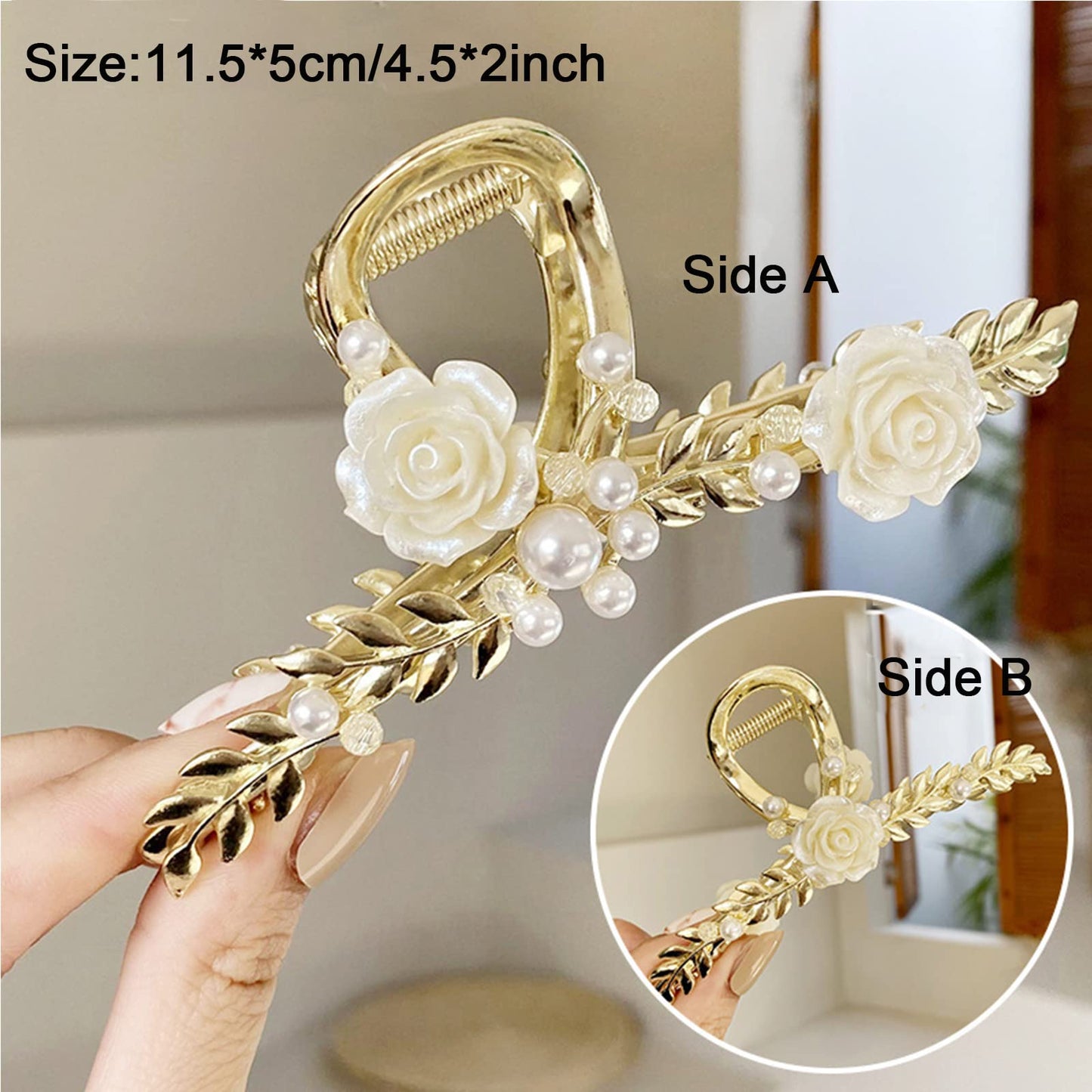 Large Camellia Hair Claw Clips - White Rose Flower Hairpin for Women, Strong Hold Clips for Thick Hair (white rose)