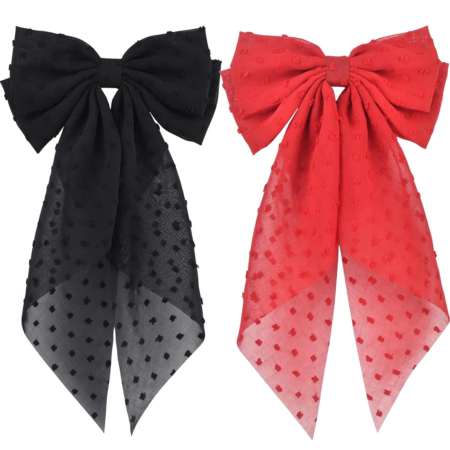 2PCS Large Hair Bows Ribbon Hair Clips, Double Layers Big Bow Hair Clip With Long Tail Ribbon Bowknot Hair Barrettes, Ponytail Holder Hair Accessories for Women Girls (Black+Red)