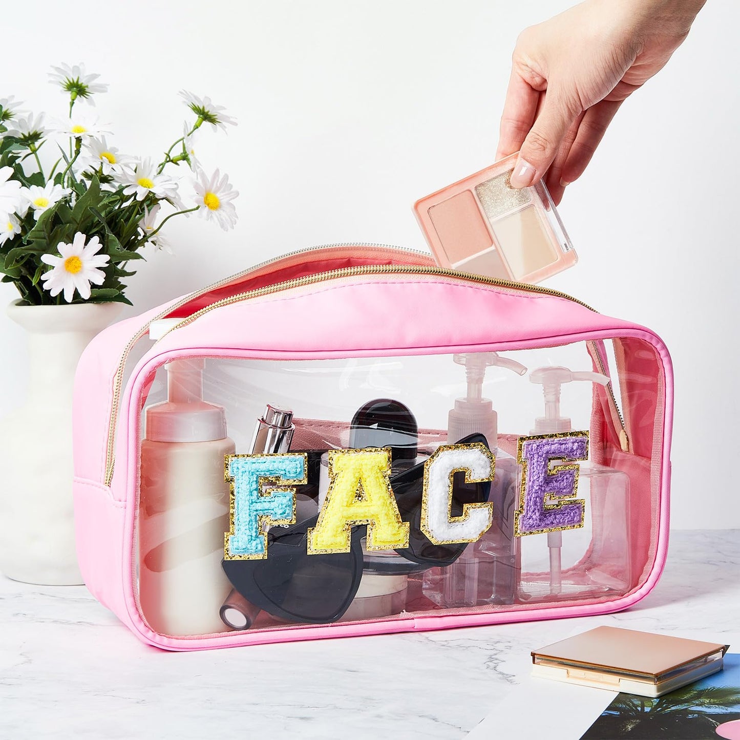 Abbylike 6 Pcs Large Chenille Letter Cosmetic Bag Preppy Patch PVC Nylon Makeup Bag Portable Glitter Clear Cosmetic Bags with Zipper Travel Toiletry Storage Stuff Pouch for Women