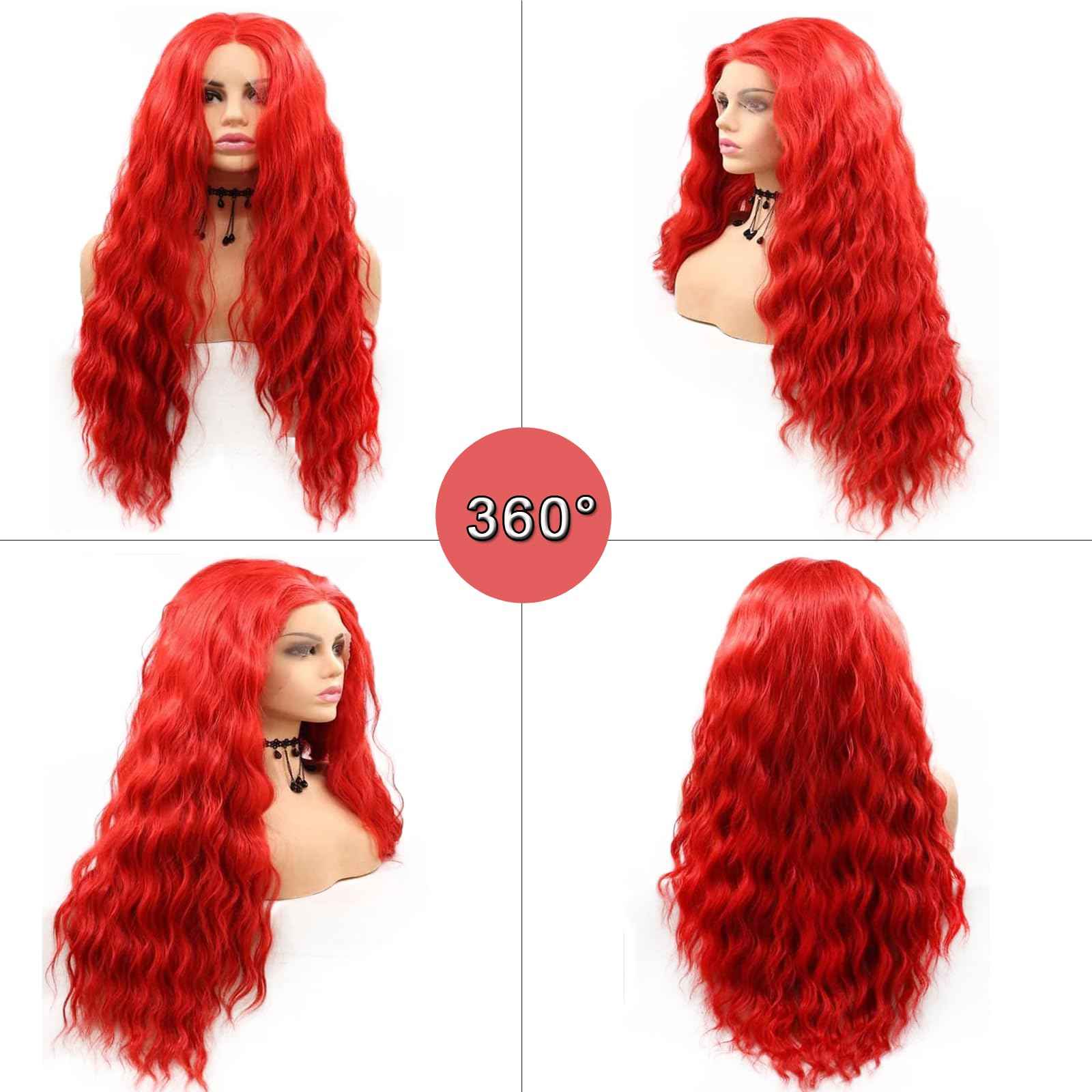 AFBeauty Bright Red Synthetic Lace Front Wig for Women Pastel Red Lace Front Wigs Pre Plucked Hairline Long Loose Wavy Curly Synthetic Lace Front Wig Glueless Heat Resistant 26 Inch Daily Cosplay