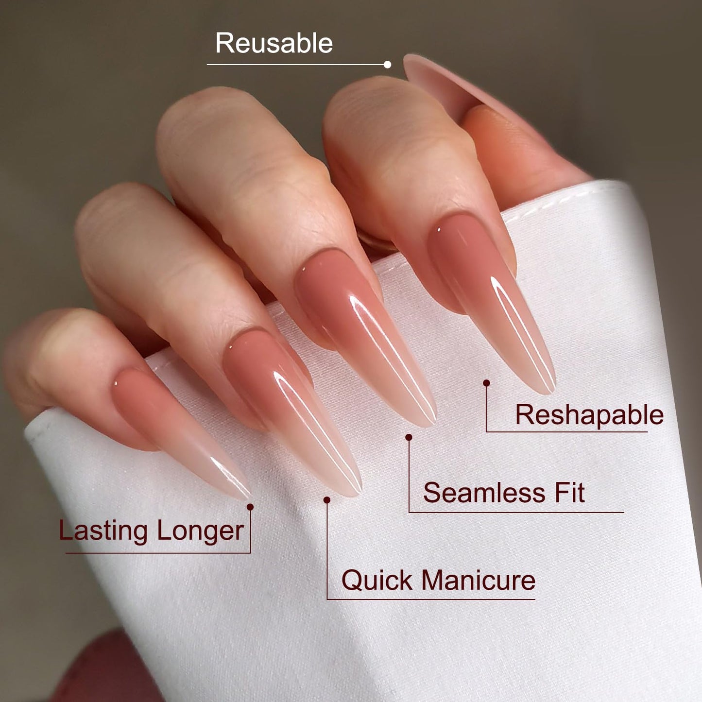 Artquee Ombre Nude Pink Stiletto Press on Nails Extra Long Almond Fake Nails Glossy False Nails Art Artificial Reusable Stick on Nails - 30 Nail Kit