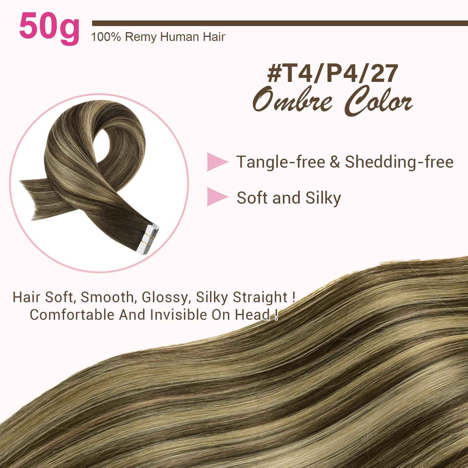 GEELOOK Tape in Hair Extensions Human Hair 18inch Skin Weft Straight Thick Natural with 12 Pieces Replacement Tape 20pcs 50g Chocolate Brown mixed caramel blonde #4/27/4