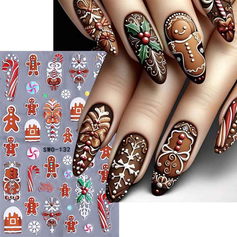 Christmas Nail Stickers 5D Embossed Christmas Tree Snowman Nail Art Stickers Snowflake Nail Decals Self-Adhesive Santa Claus Gingerbread Man Design Sticker Holiday Nail Art Decoration for Women 4Pcs
