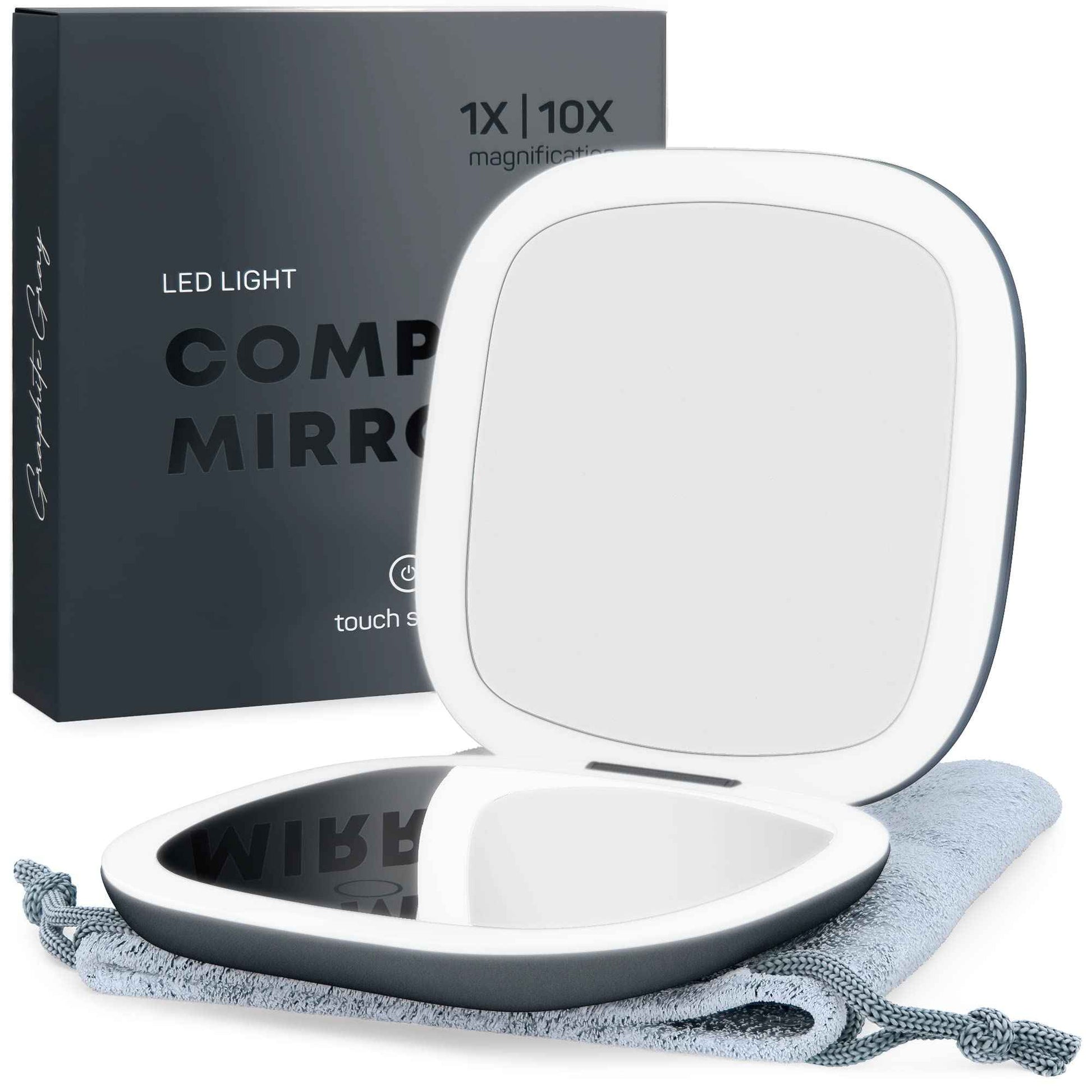 Mavoro LED Lighted Travel Makeup Mirror, Rechargeable, 1x/10x Magnification (Graphite Grey)