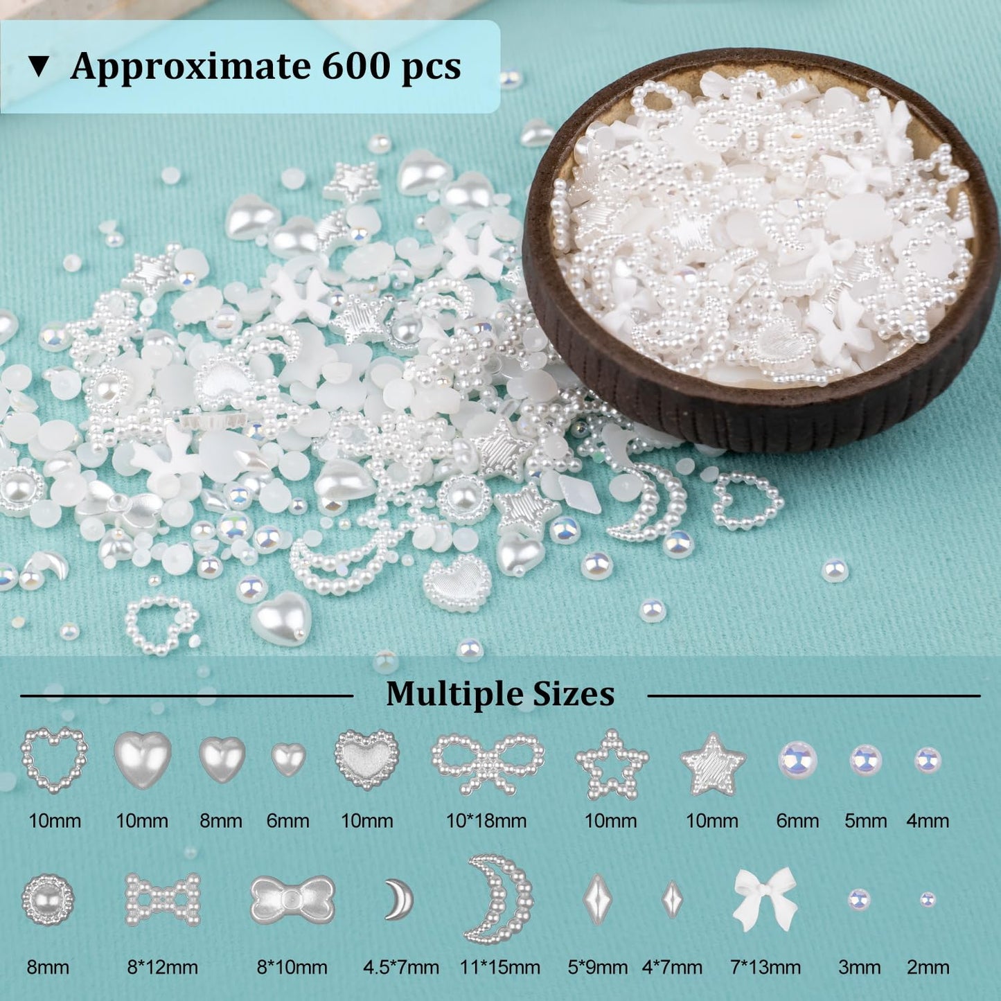 600Pcs 3D Multi Shapes Nail Charms and Flatback Pearls, White&White AB Mix Styles Heart Star Bow Sunflower Embellishments for Nail Art, Craft and Decoration with Glue Gel, Tweezer and Pickup Pencil