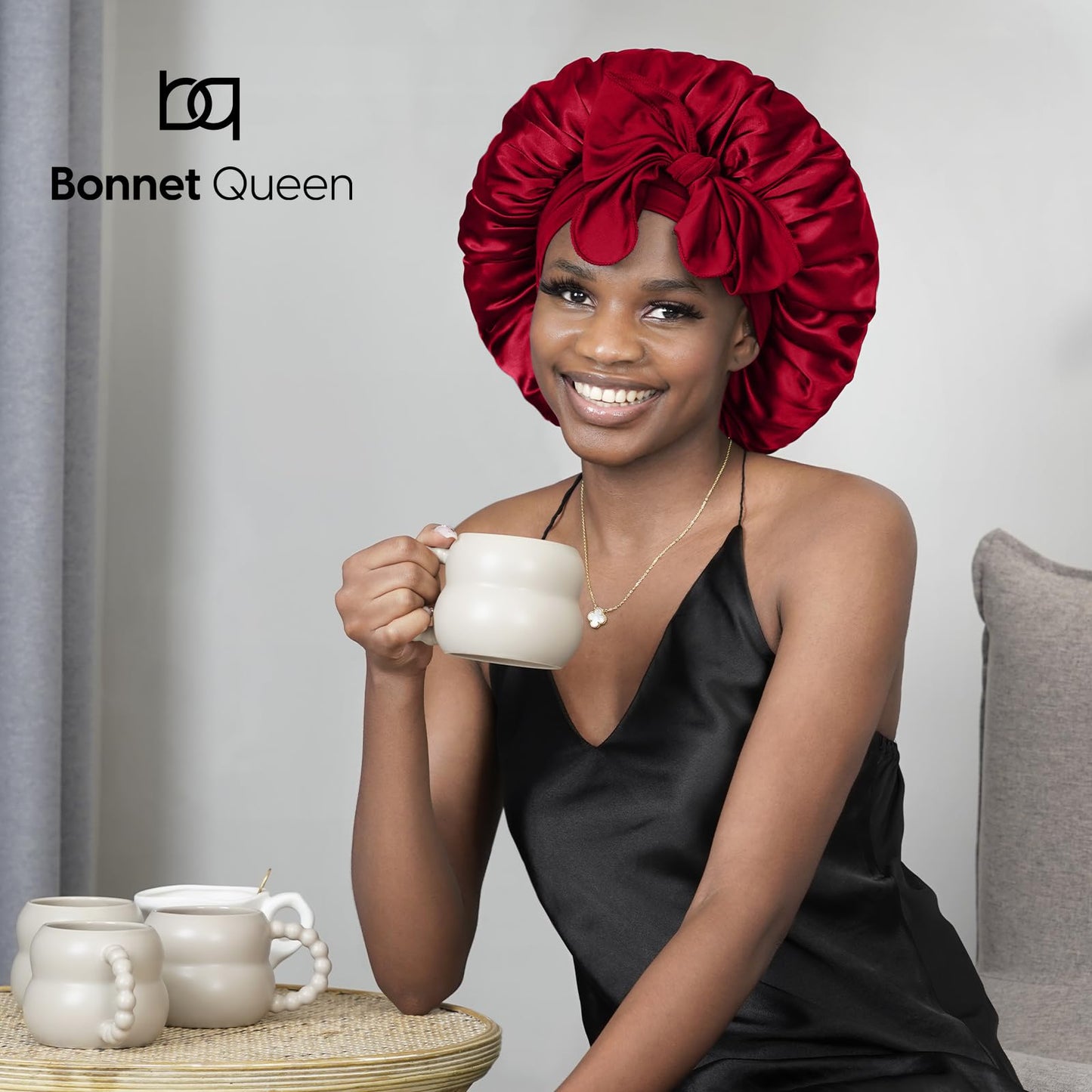 BONNET QUEEN Silk Bonnet for Sleeping Women Satin Bonnet Hair Bonnet Night Sleep Cap Scarf wrap for Curly Hair with tie Band Dark red