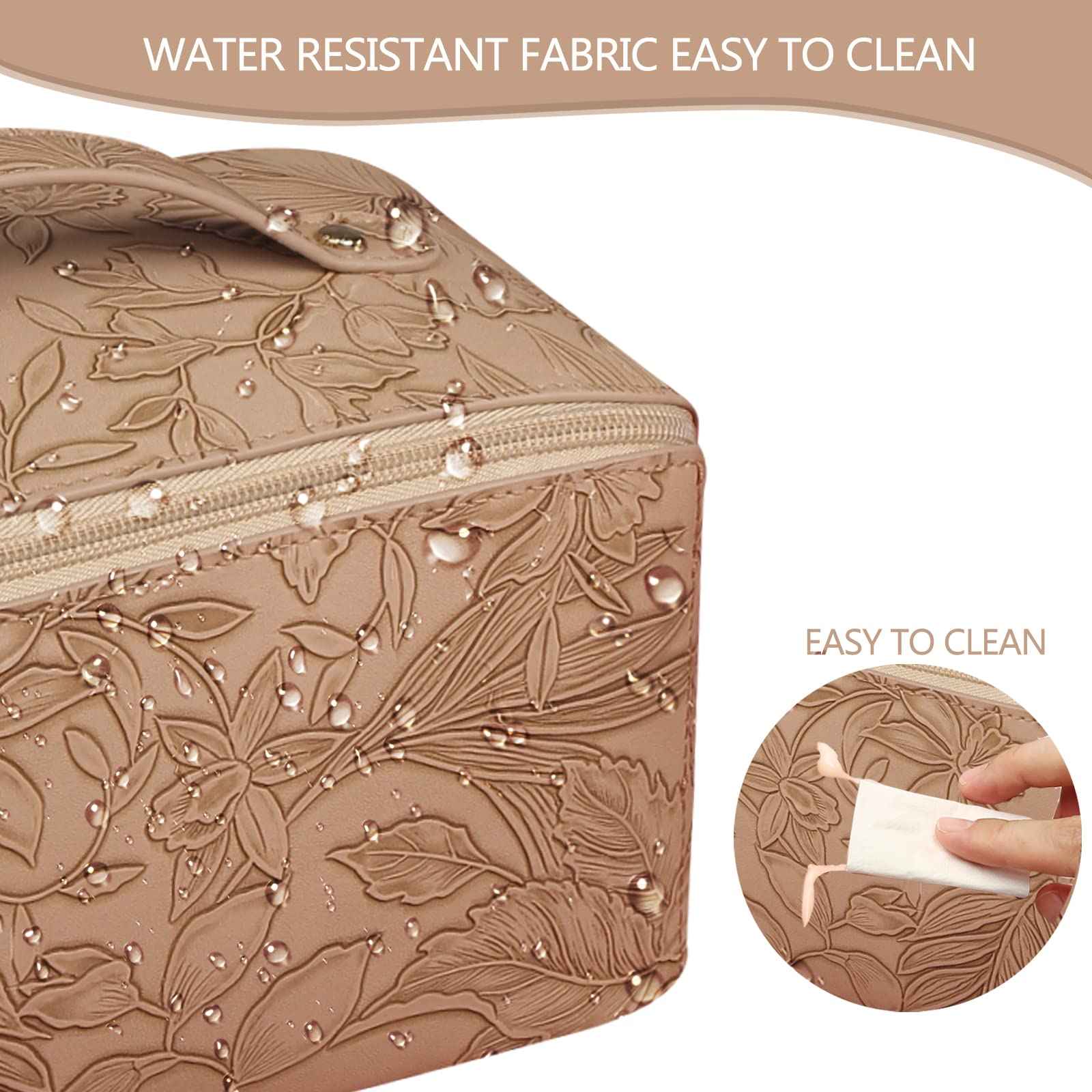 BAKLUCK Large Capacity Travel Cosmetic Bag with Compartment, Waterproof PU Leather Portable Flower Makeup Organizer Bag for Women and Girls - Khaki