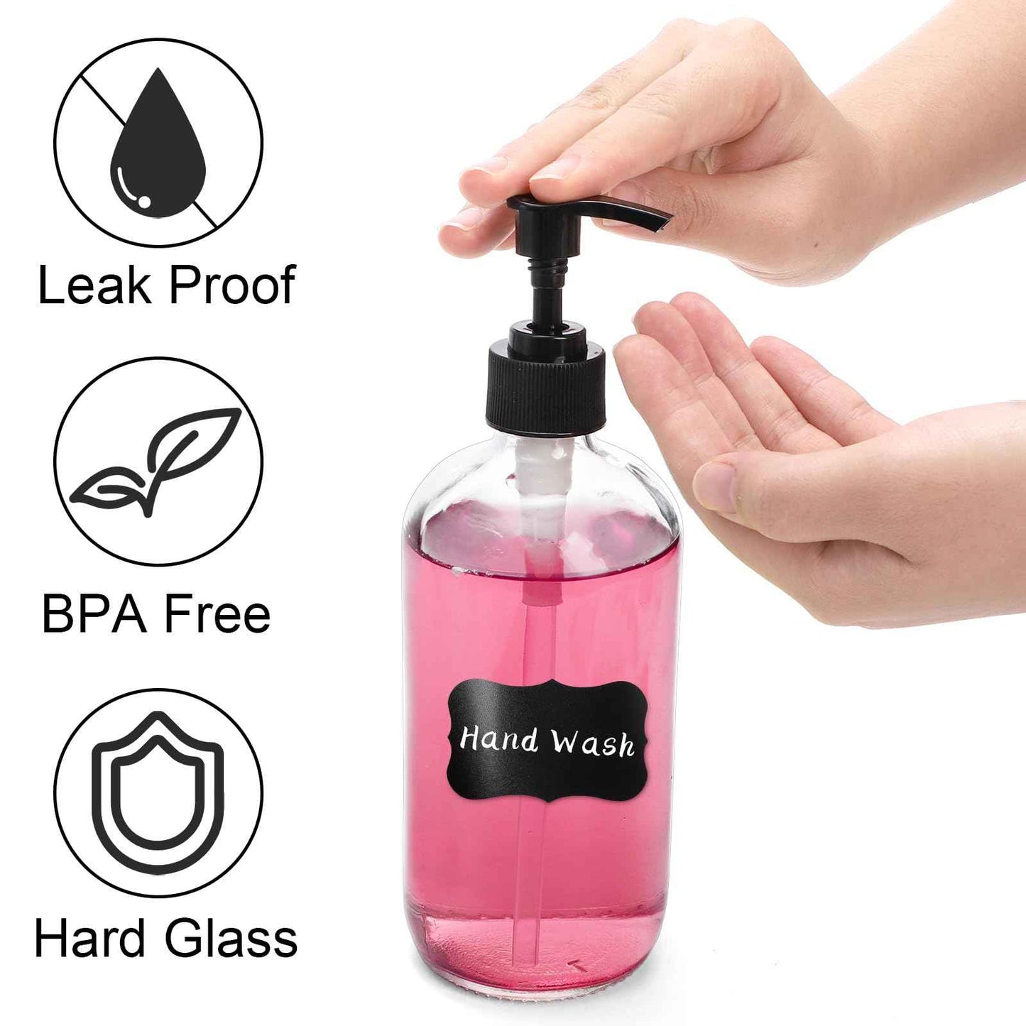 Yarlung 4 Pack 16 Oz Glass Pump Bottles, Clear Soap Dispenser with Pump Glass Empty Refillable Containers for Lotions, Shampoo, Body Wash, Liquid Soap, 4 Black Caps 6 Labels