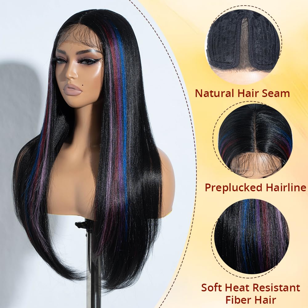 Rebecca Q Long Straight Black Wig For Black Woman Synthetic Hair Replacement Wig with Colorful Highlights Lace Front Wig Middle Partfor Daily Cosplay Use 26inches (VIVI.PLUM)