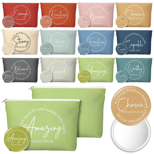 Geelin 12 Sets Christmas Christian Gifts Bulk Religious Canvas Makeup Bags with Bible Verse and Compact Mirrors Inspirational Gifts for Women Teacher Staff Coworker Christmas Favors (Classic)