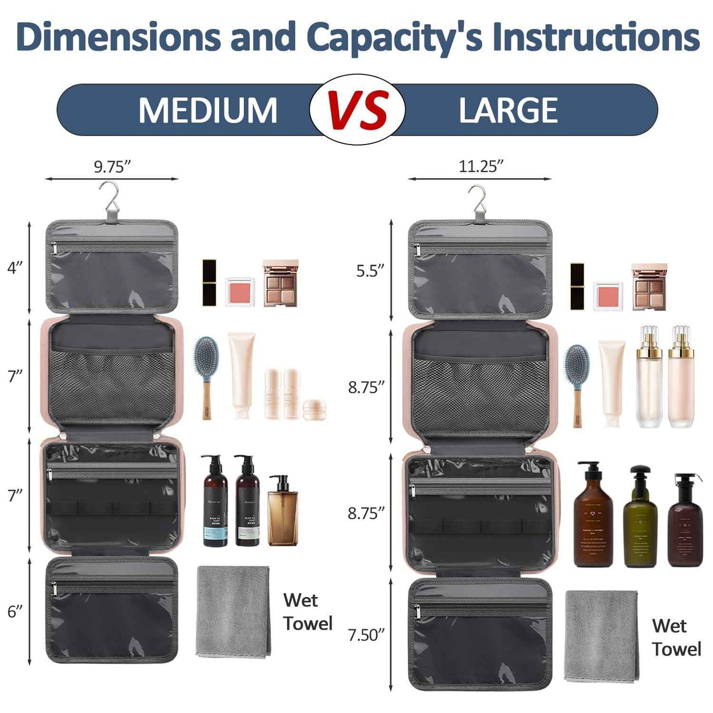 Vankor Travel Toiletry Bag for Women with Hanging Hook, Waterproof TSA Approved Cometic Toiletry Bag Organizers Leakproof Make up Bags for Women Pink