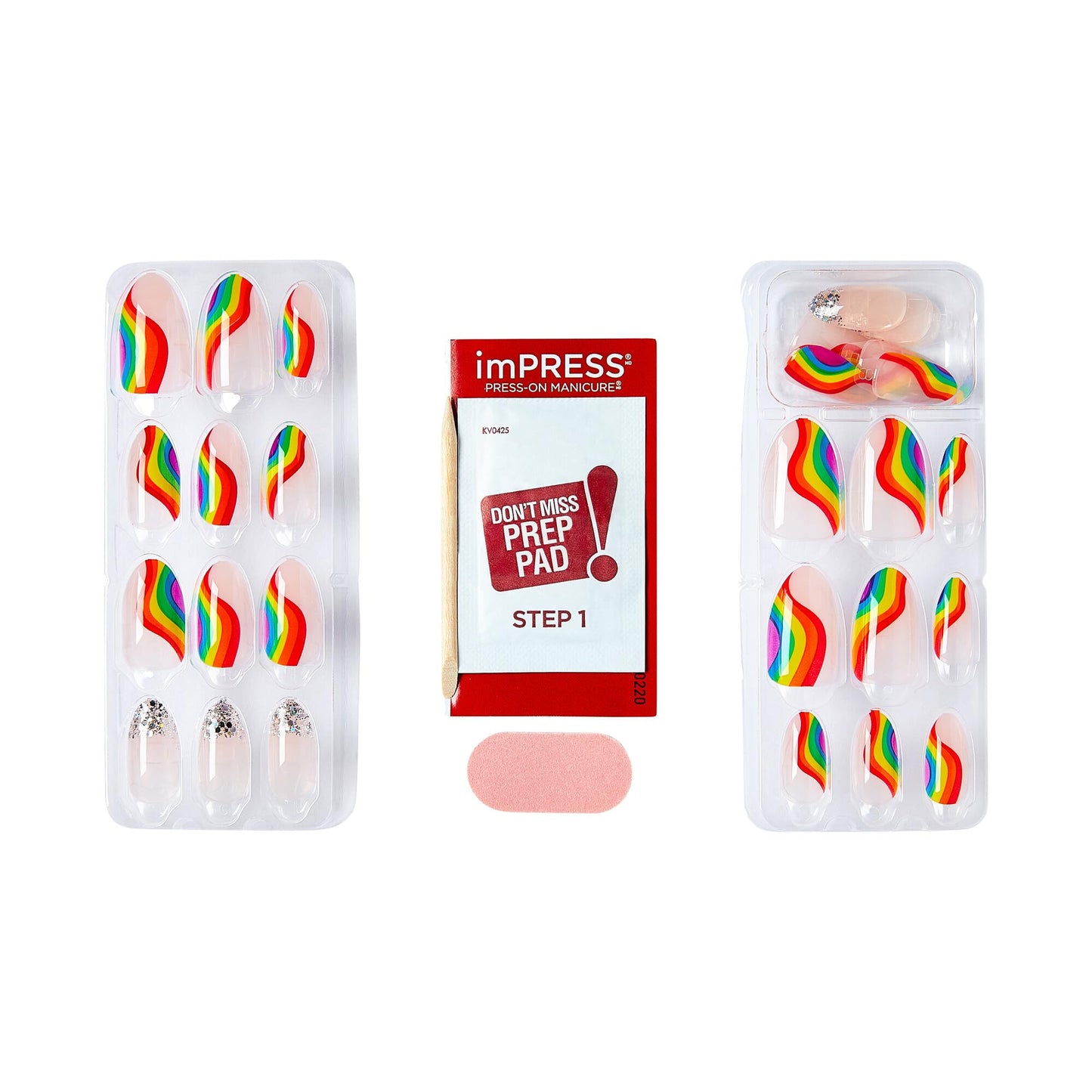 KISS imPRESS No Glue Mani 30 Pcs Premium Press On Nails, Rainbow, Glitter Tip, Medium Size, Almond Shape, Simple Peel & Press Easy Apply, Hassel-Free Removal, Essential Tools Included