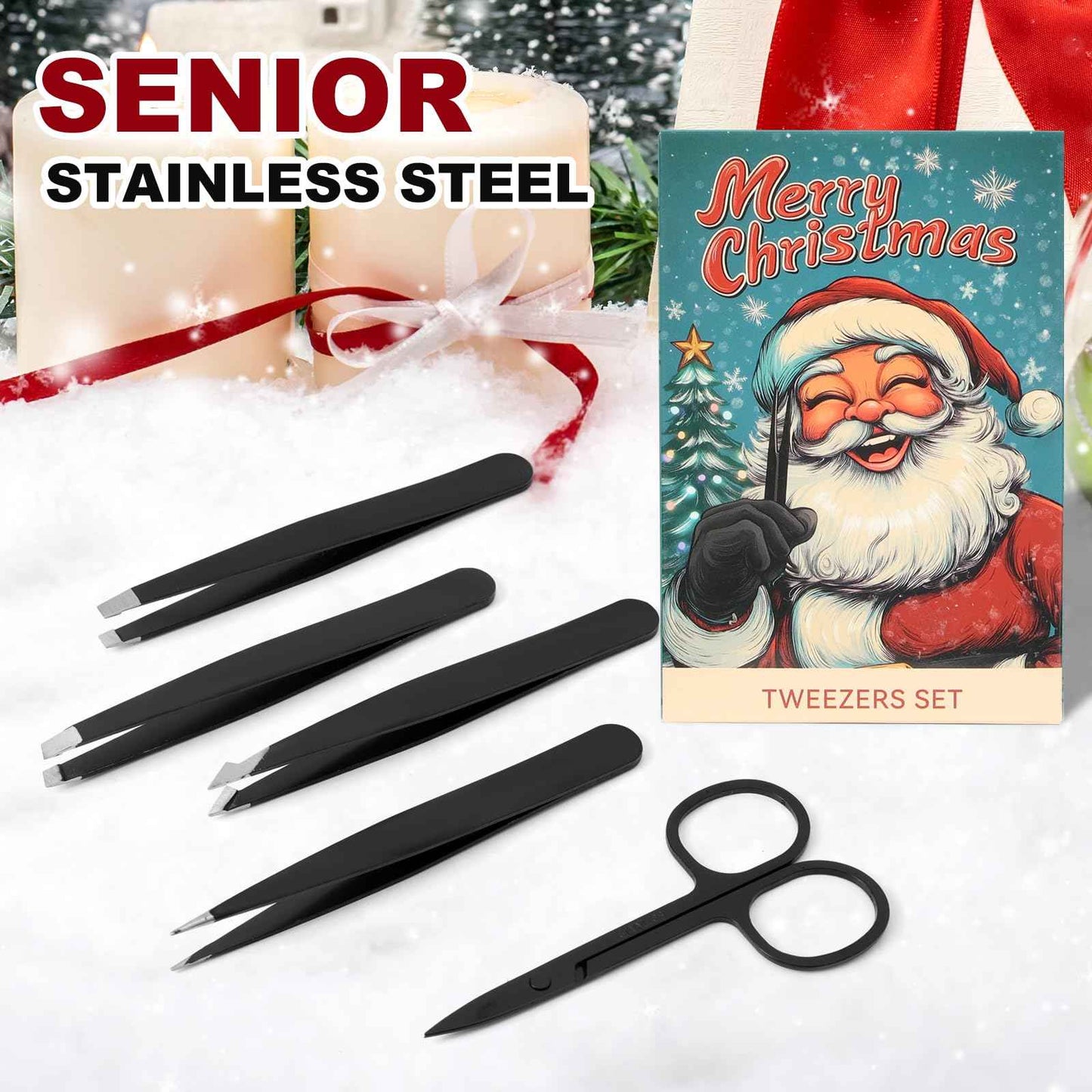 5-Pack Stainless Steel Tweezers Set for Women with Curved Scissors, Great Precision for Facial Hair Removal and Splinter Removal, Stocking Stuffer for Women