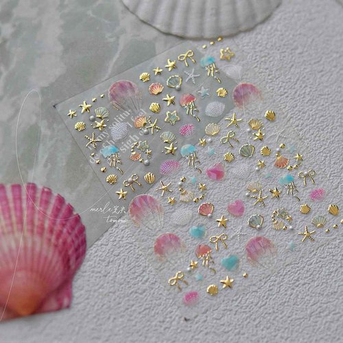 2Pcs Summer Nail Stickers for Nails Art,Extra Shiny 5D Shell Starfish Nail Art Stickers Decals Gold Silver Star Jellyfish Self-Adhesive Design Summer Beach Nail Supplies for Women Manicure Accessories