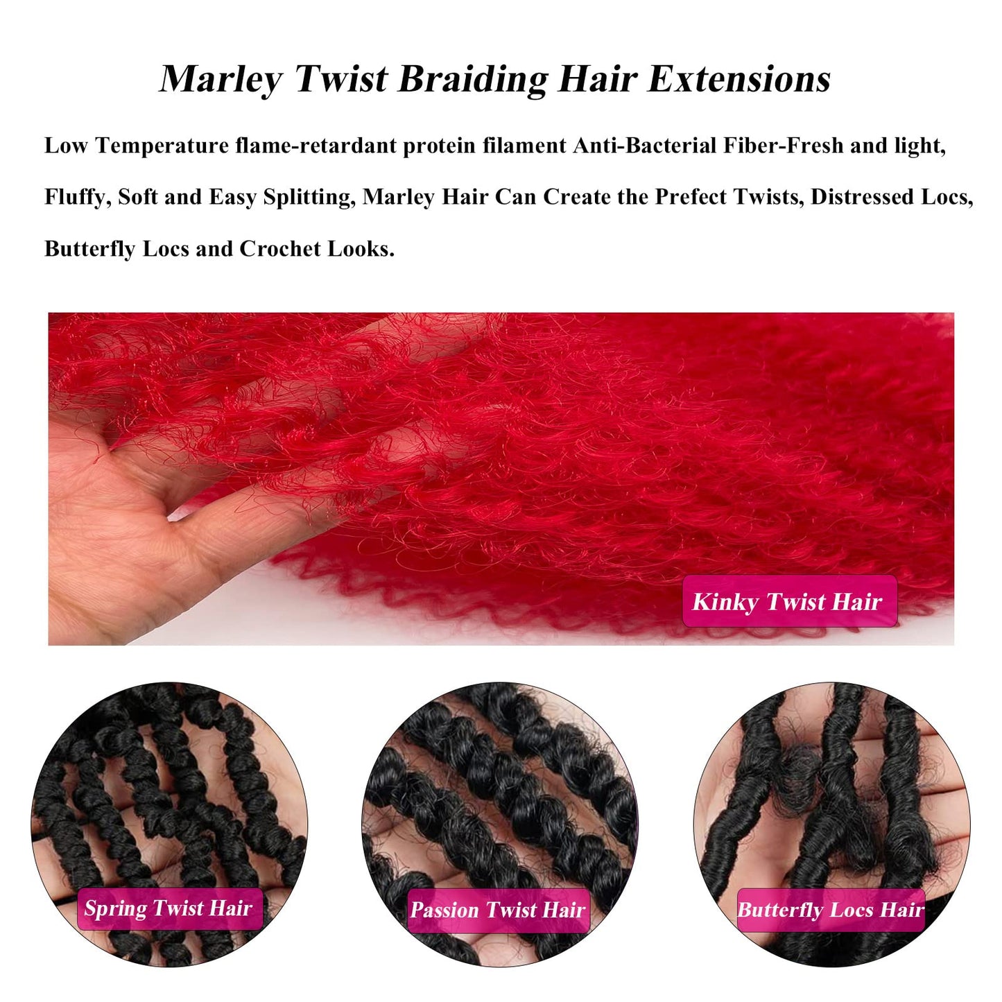 Cuban Spring Twist Hair 16 Inch Twisted Up Springy Afro Kinky Twist Braiding Hair Bob Marley Twist Braiding Hair for Braids Red Marley Hair for Faux Locs Marley Twisting Hair for Black Women