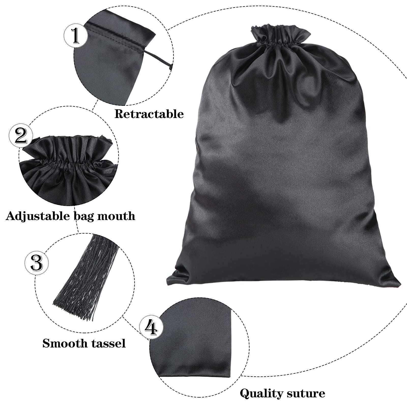 Shappy 4 Pieces Silk Satin Wig Bag Black Hair Bags with Drawstring Tassel Stuff Satin Black Gift Travel Storage for Packaging Bundles Extension Home Salon Travel