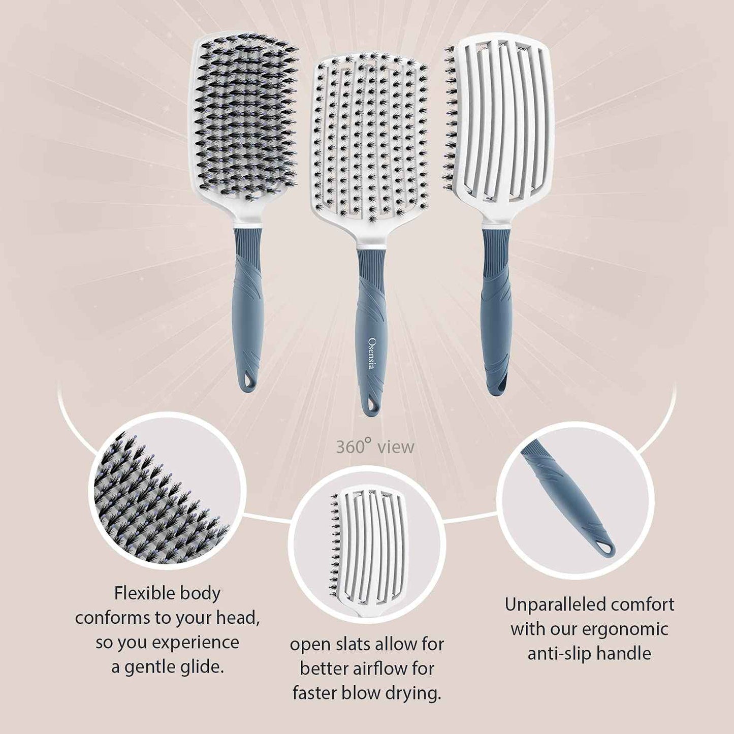 Hair Brush Set - Professional Round Brush and Detangling Paddle Brush for Blow Drying - Hair Detangler Paddle Hair Brush for Thick Hair - Nylon and Boar Bristle Brush (2 inch)