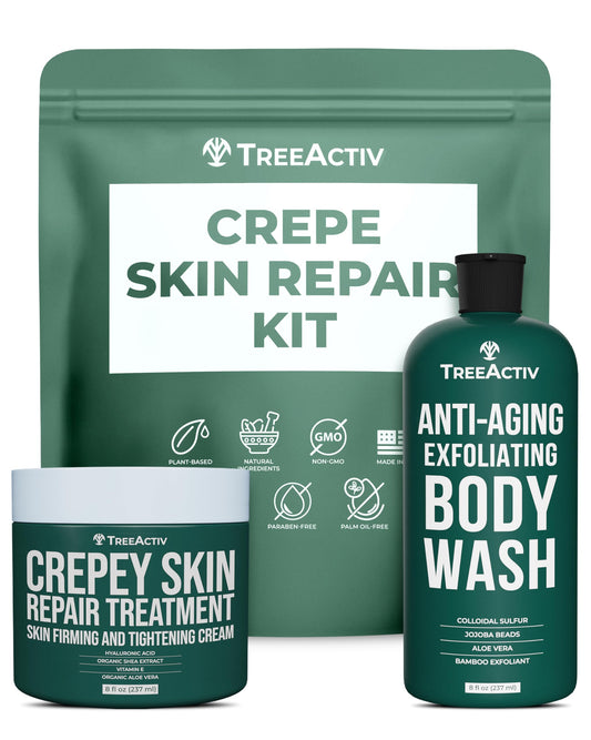 TreeActiv Crepey Skin Repair Kit, Includes Anti-Aging Exfoliating Body Wash, 8oz, Crepe Skin Cream, 8oz, Skin Tightening Cream for Body and Face. Hydrates and Tighten Dry Crepe Skin, Crepe Skin Cream