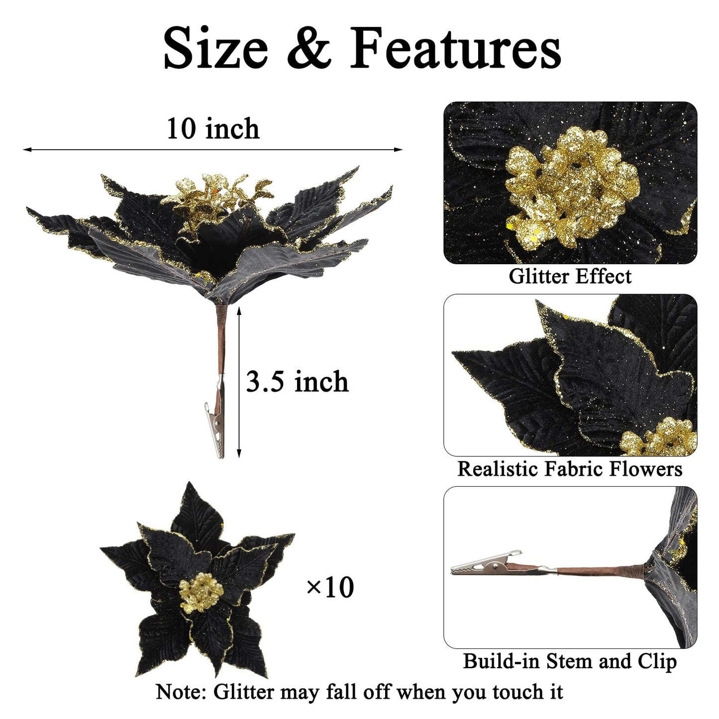 SHACOS 10 pcs 9.8" Large Glitter Poinsettia Flowers Stems Clips Velvet Fabric Floral Picks Christmas Flowers Christmas Tree Ornaments Wreath Garland Decoration, Black