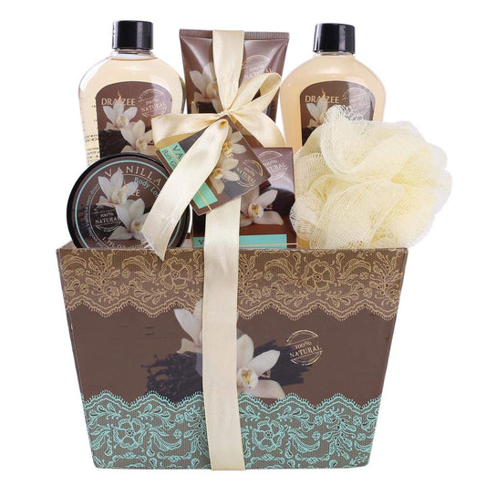 Spa Gift for Women - 6 Pcs Refreshing Vanilla Spa Gift Baskets for Women Bath and Body Set for Women w/ Shower Gel, Body Lotion, Scrub - Birthday, Self Care Gifts for Women by Draizee