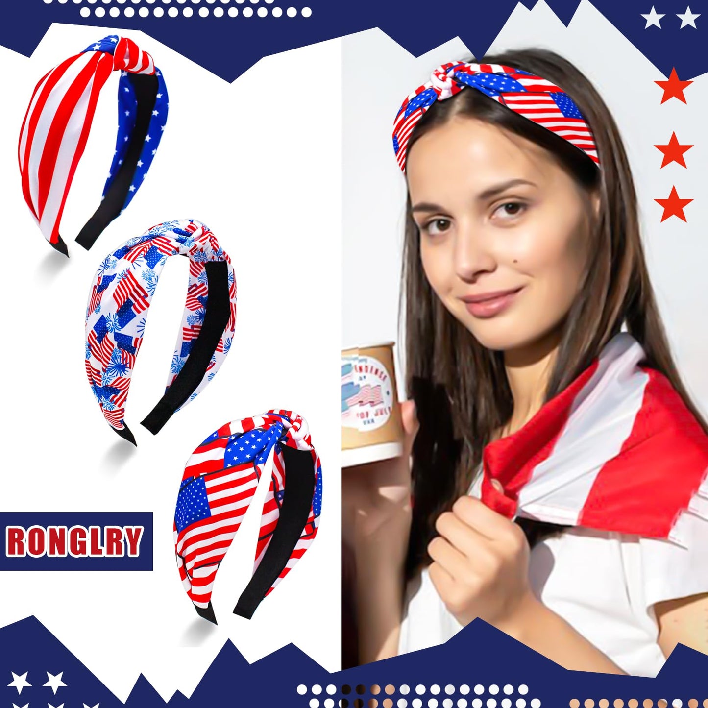 Ronglry 4th of July Headband for Women American Flag Headband Red White and Blue Headband USA Knotted Wide Headbands Patriotic Hairband Independence Day Fourth of July Accessories Gifts for Party-USA