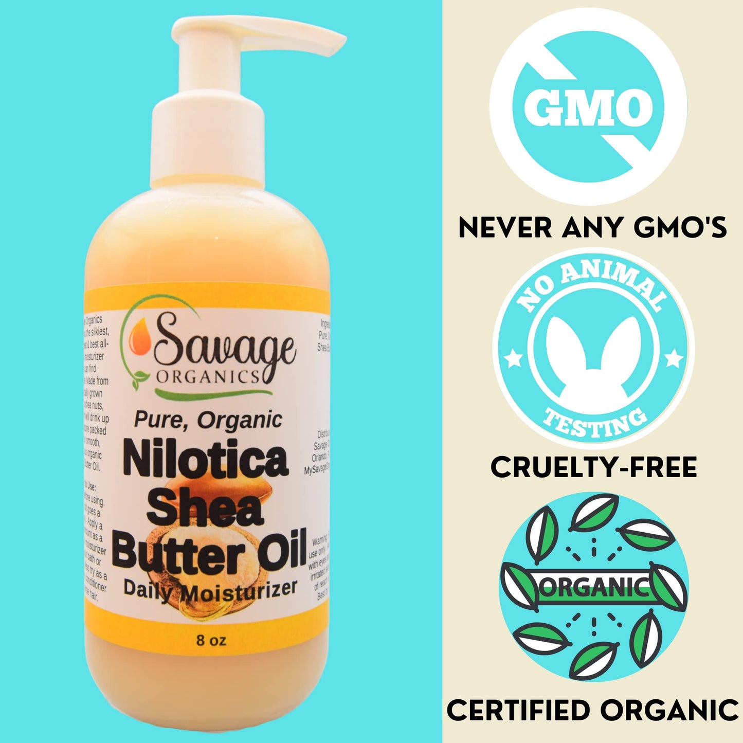 Savage Organics Shea Butter Oil - 100% Pure & Natural Organic Shea Nut Oil Moisturizer for Dry Skin and Stretch Marks - 8 oz Bottle with Pump